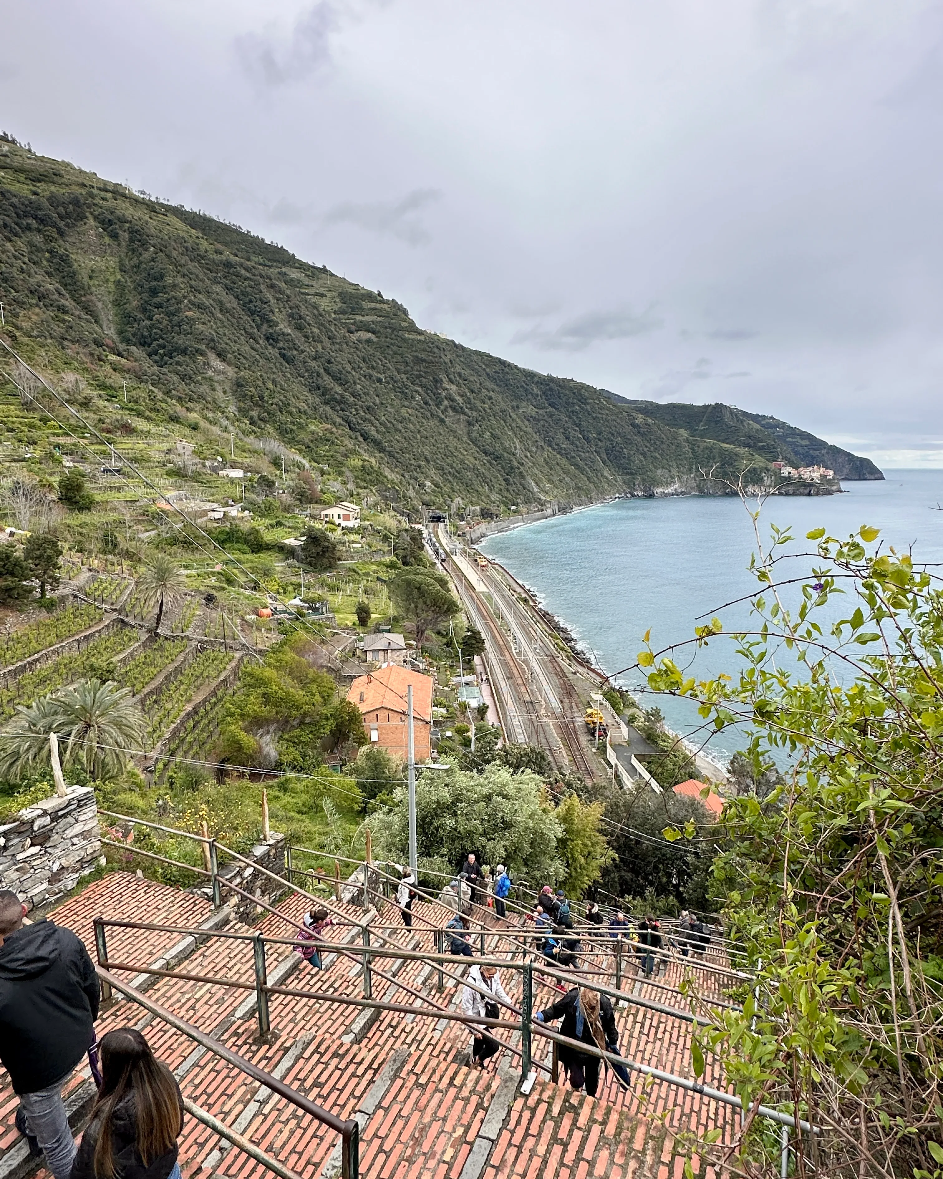 View of Corniglia village perched high above the sea