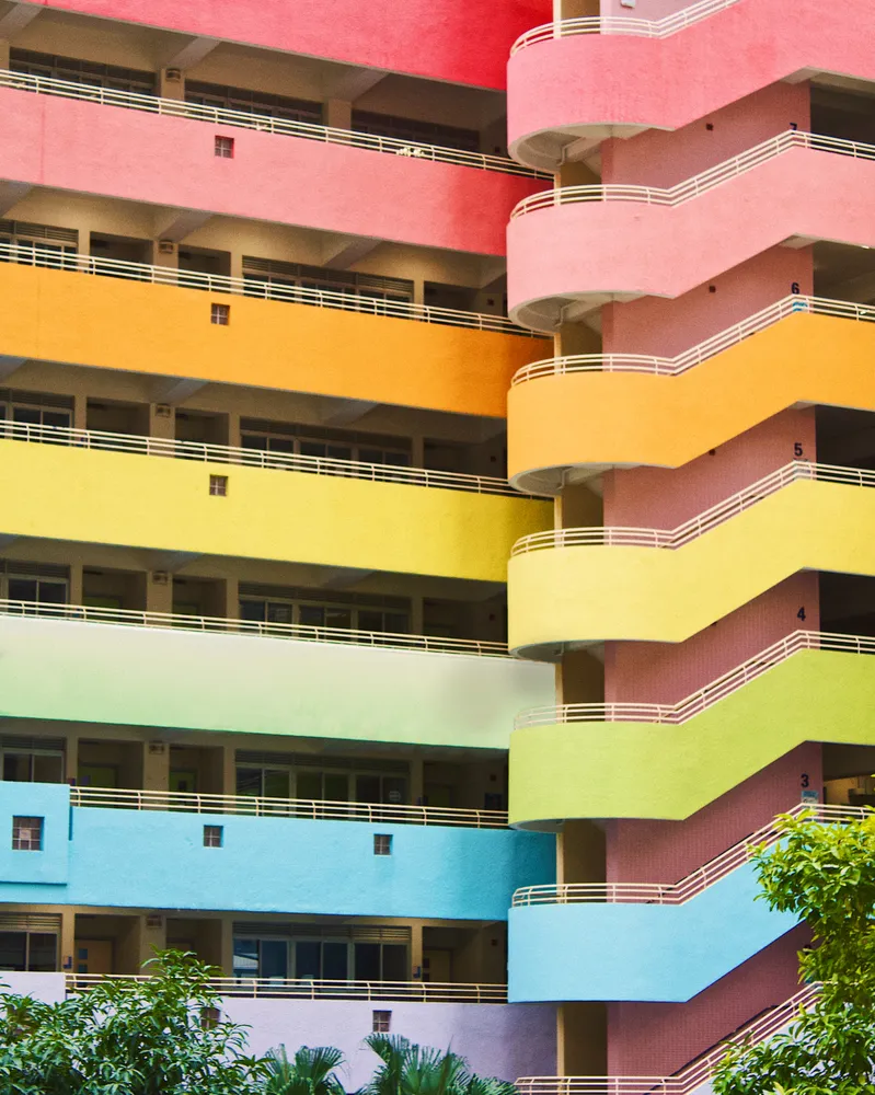 A rainbow-colored skyrise